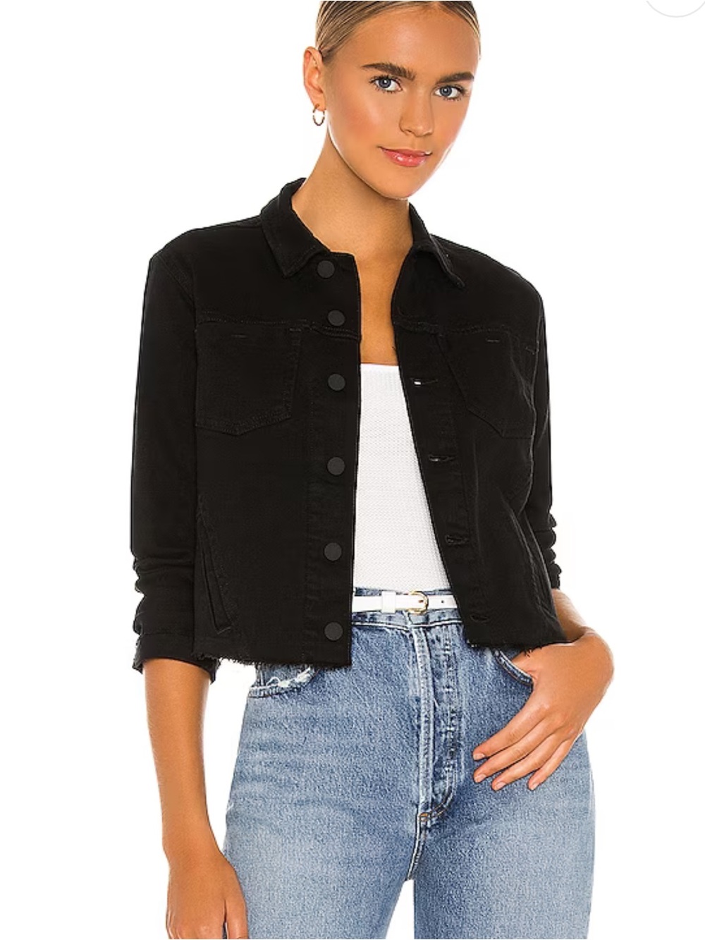 L’AGENCE Janelle Raw Hem Black Denim Jacket Size M Made in USA